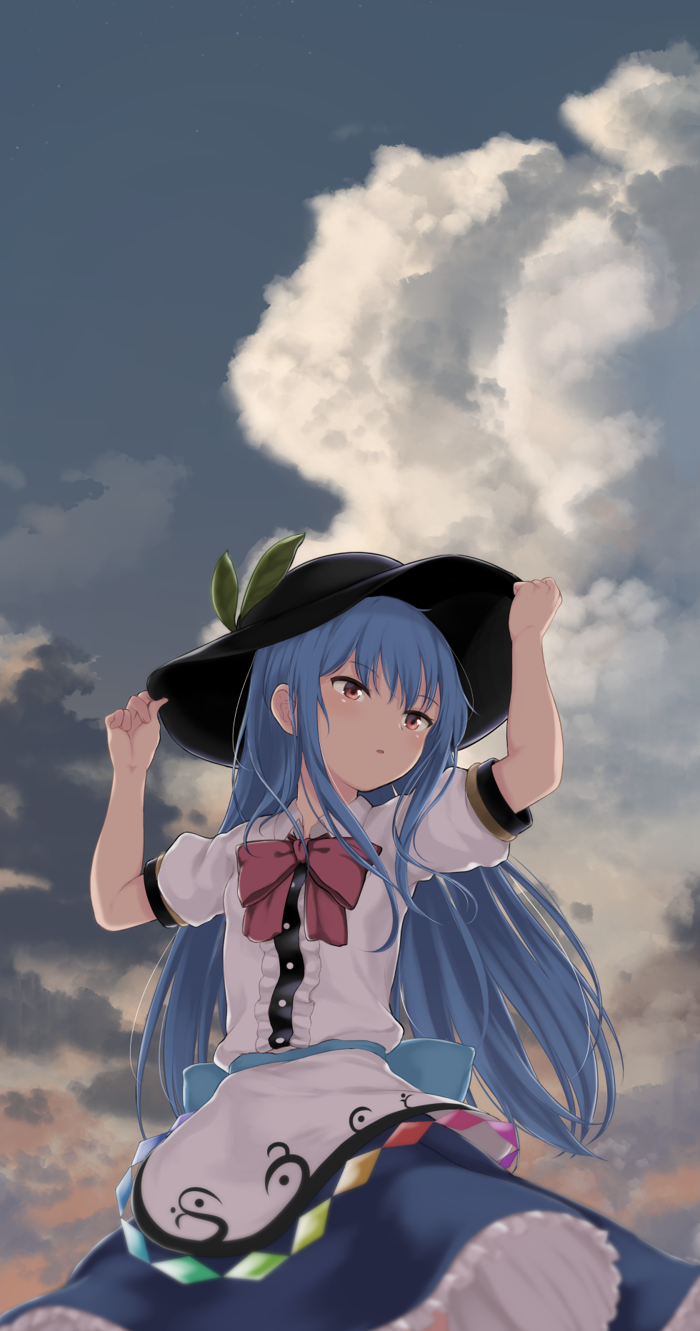 1girl :o arms_up bangs black_hat blue_hair blue_skirt blurry blush bow center_frills clouds cloudy_sky collared_shirt day depth_of_field frilled_skirt frills hands_on_headwear hat highres hinanawi_tenshi leaf long_hair looking_away looking_to_the_side medium_skirt momoiro_lettuce outdoors parted_lips purple_bow purple_neckwear rainbow_order red_eyes shirt short_sleeves sidelocks skirt sky solo straight_hair touhou very_long_hair white_shirt wing_collar