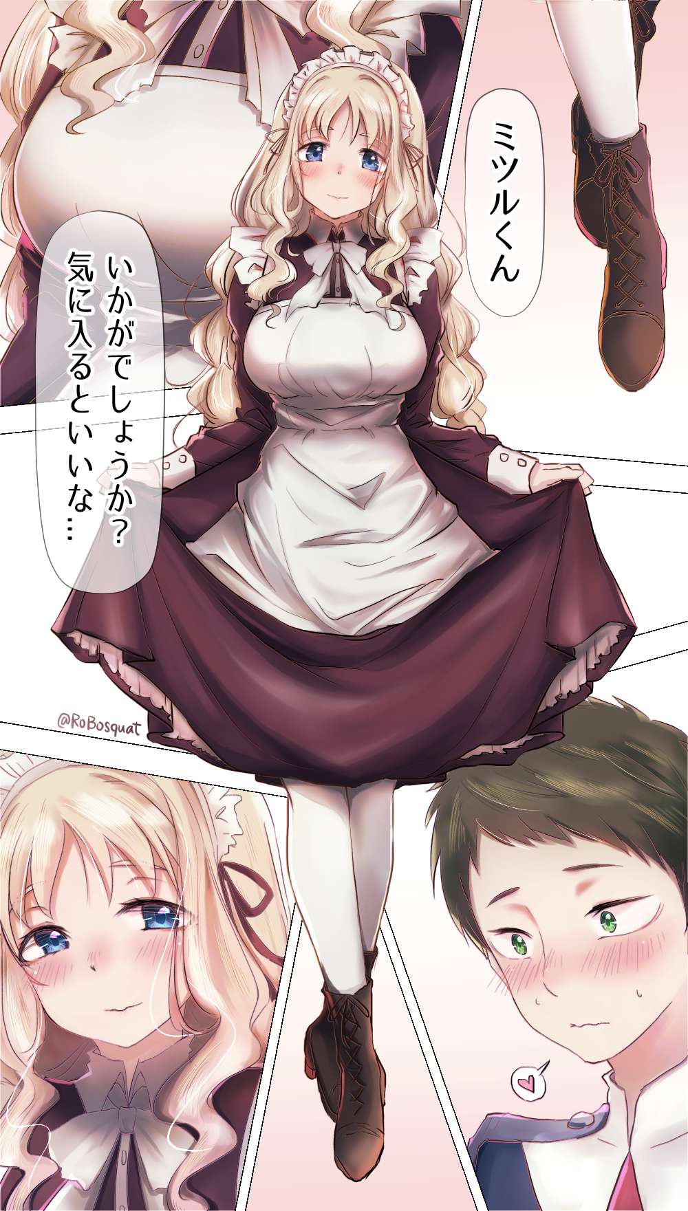 1boy 1girl alternate_costume apron blonde_hair blue_eyes blush breasts brown_hair check_translation comic darling_in_the_franxx dress frills green_eyes heart hetero highres kokoro_(darling_in_the_franxx) kyarotto_(zenkixd) large_breasts maid maid_headdress mitsuru_(darling_in_the_franxx) nervous speech_bubble text_focus thigh-highs thought_bubble translation_request wavy_mouth white_legwear
