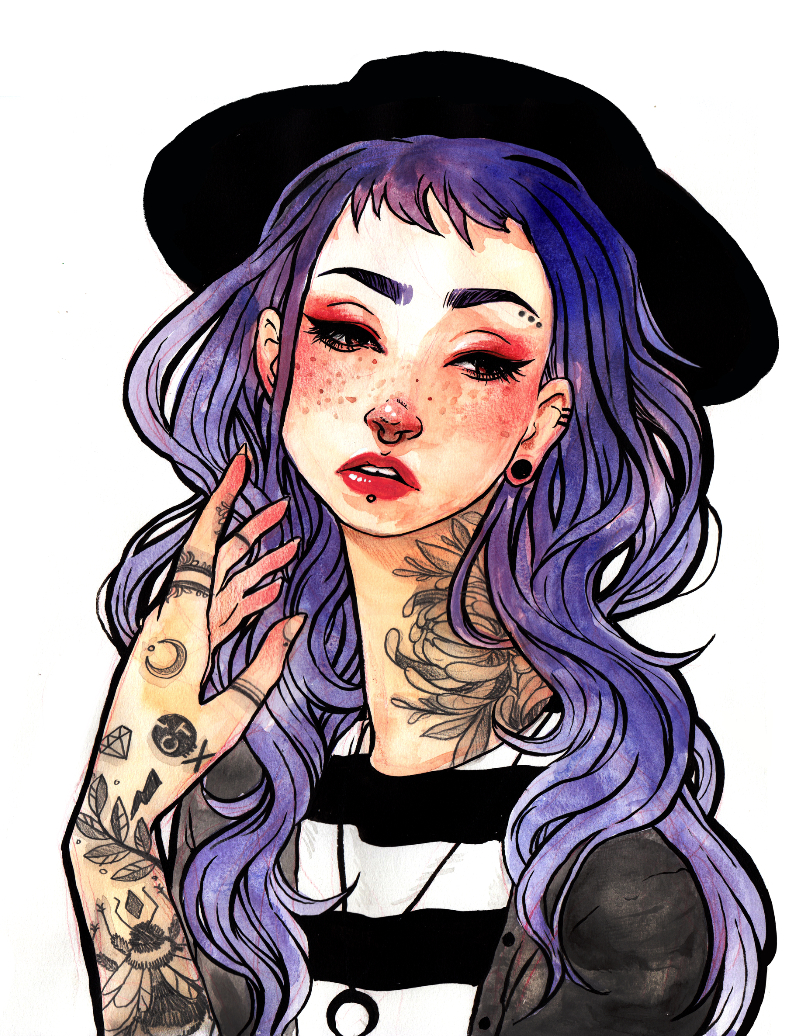 1girl bangs black_hat black_jacket blue_hair brown_eyes commentary english_commentary fingernails hat jacket jacquelin_deleon lips long_hair long_neck looking_to_the_side nose_piercing open_clothes open_jacket original piercing red_lips shirt simple_background solo striped striped_shirt tattoo traditional_media watercolor_(medium) white_background