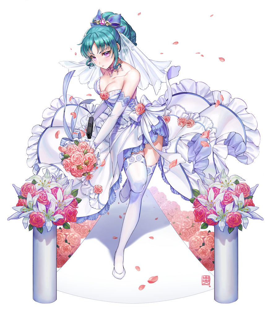 1girl bangs bare_shoulders blue_hair blush bouquet bow box_(hotpppink) breasts bridal_veil choker detached_sleeves dress earrings floral_print flower frilled_dress frills gem gun hair_bow hair_ornament handgun high_heels holding holding_bouquet holding_weapon jewelry lily_(flower) long_sleeves looking_at_viewer necklace original pearl pendant petals pink_flower pink_rose pistol ponytail red_flower red_rose ribbon rose shoes signature simple_background solo standing standing_on_one_leg striped striped_bow striped_ribbon thigh-highs veil violet_eyes weapon wedding wedding_dress white_background white_footwear white_legwear