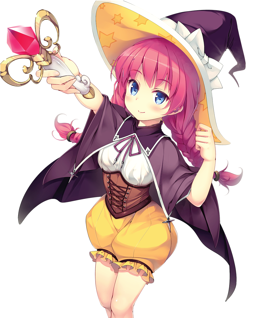 aasha c: cape corset crystal daibouken!_yukeyuke_osawari_island eyebrows_visible_through_hair hat holding magical_girl nontan official_art pink_hair smile tagme twintails wand witch_hat