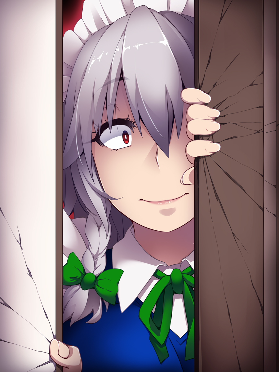 1girl bangs blue_dress bow braid commentary_request constricted_pupils crack door dress eyebrows_visible_through_hair eyelashes green_bow green_neckwear green_ribbon hair_between_eyes hayashi_custom highres izayoi_sakuya lips looking_at_viewer maid maid_headdress neck_ribbon peeking pink_lips red_eyes ribbon side_braid silver_hair smile solo touhou upper_body wing_collar