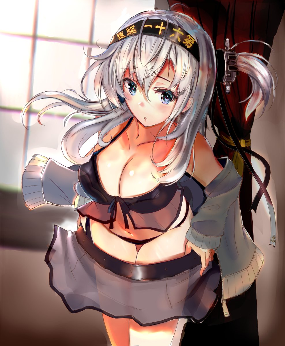 1girl bangs bikini black_bikini blue_eyes blush breasts cleavage clothes_writing collarbone cowboy_shot curtains day eriyama_(user_csua4255) eyebrows_visible_through_hair grey_jacket hachimaki hair_between_eyes headband indoors jacket kantai_collection leaning_forward long_hair looking_at_viewer medium_breasts navel one_side_up open_clothes open_jacket open_mouth see-through sidelocks silver_hair skirt solo stomach suzutsuki_(kantai_collection) swimsuit thighs undressing window zipper