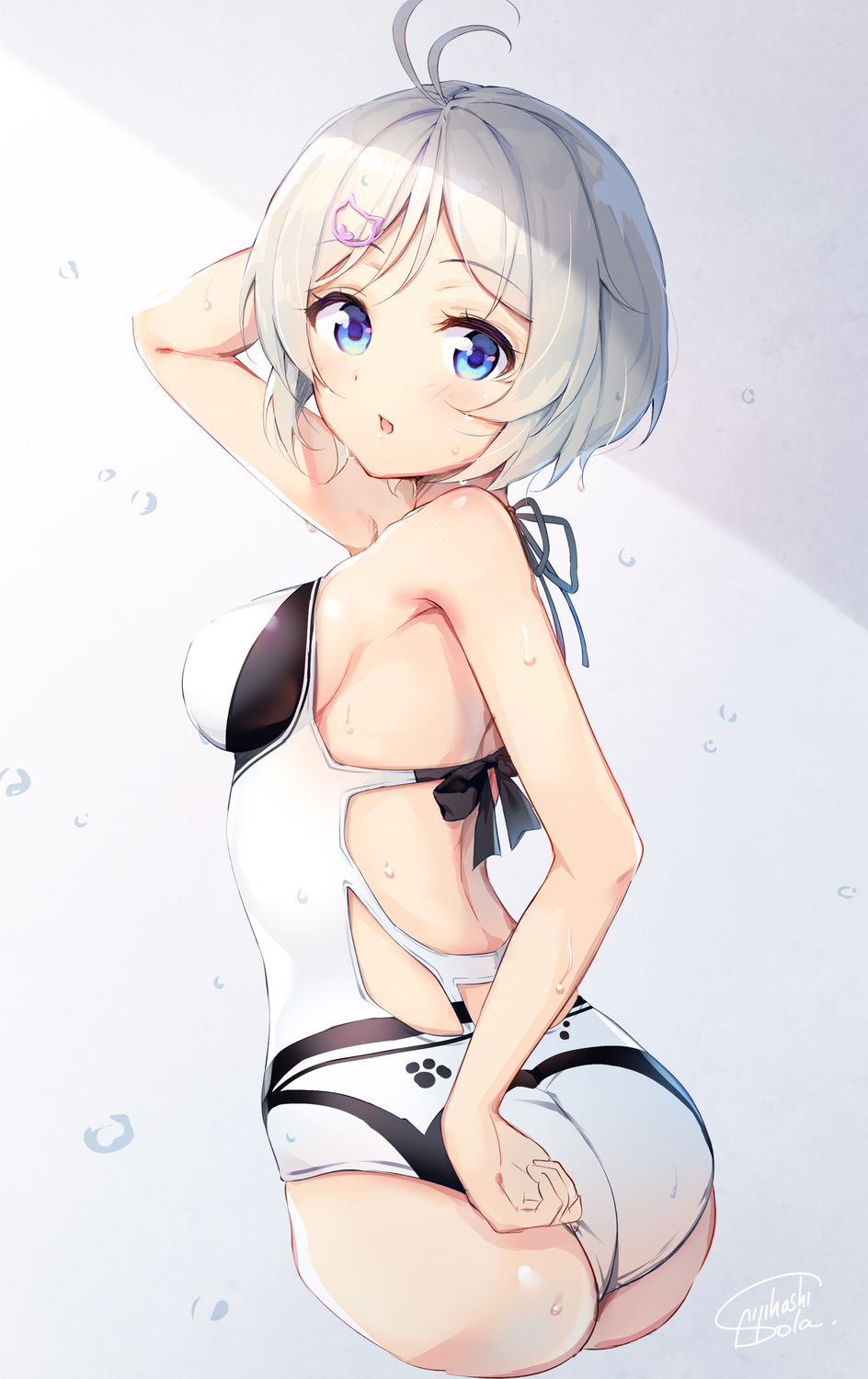 1girl :o antenna_hair arm_up armpits ass back bangs bare_arms bare_shoulders black_ribbon blush breasts casual_one-piece_swimsuit cropped_legs dennou_shoujo_youtuber_shiro eyebrows_visible_through_hair from_behind grey_background grey_hair hair_ornament hairclip highres looking_at_viewer looking_back medium_breasts one-piece_swimsuit open_mouth parted_bangs ribbon shiro_(dennou_shoujo_youtuber_shiro) short_hair sideboob signature solo sora_from_france swimsuit thighs virtual_youtuber water_drop wet white_swimsuit