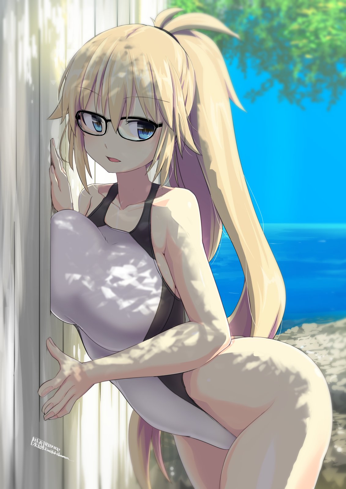 against_wall artist_name bare_shoulders blonde_hair blue_eyes breast_press breasts commentary cowboy_shot day fate/grand_order fate_(series) glasses hands_on_wall highres hips jeanne_d'arc_(fate)_(all) jeanne_d'arc_(swimsuit_archer) large_breasts leaning leaning_to_the_side long_hair ocean one-piece_swimsuit ponytail shade shadow swimsuit thighs tokihama_jirou tree tree_shade wall white_swimsuit wooden_wall