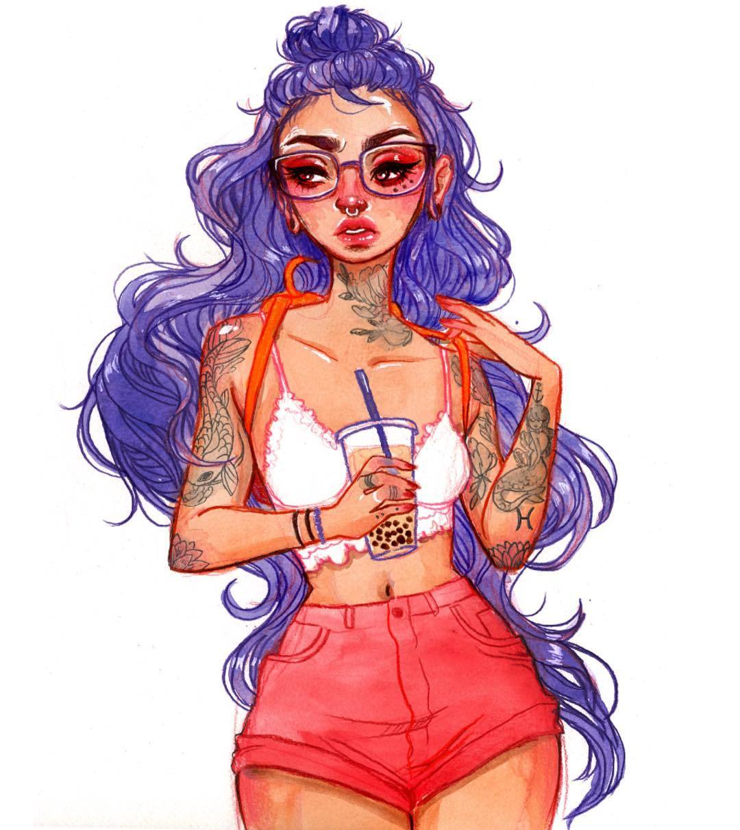 1girl arm_tattoo arms_up blue_hair bracelet bubble_tea commentary crop_top cup drinking_glass drinking_straw english_commentary fish glasses highres holding holding_cup jacquelin_deleon jewelry long_hair mermaid monster_girl nail_polish navel neck_tattoo nose_piercing original piercing pink_shorts red_nails shirt shorts simple_background solo stomach tattoo white_background white_shirt