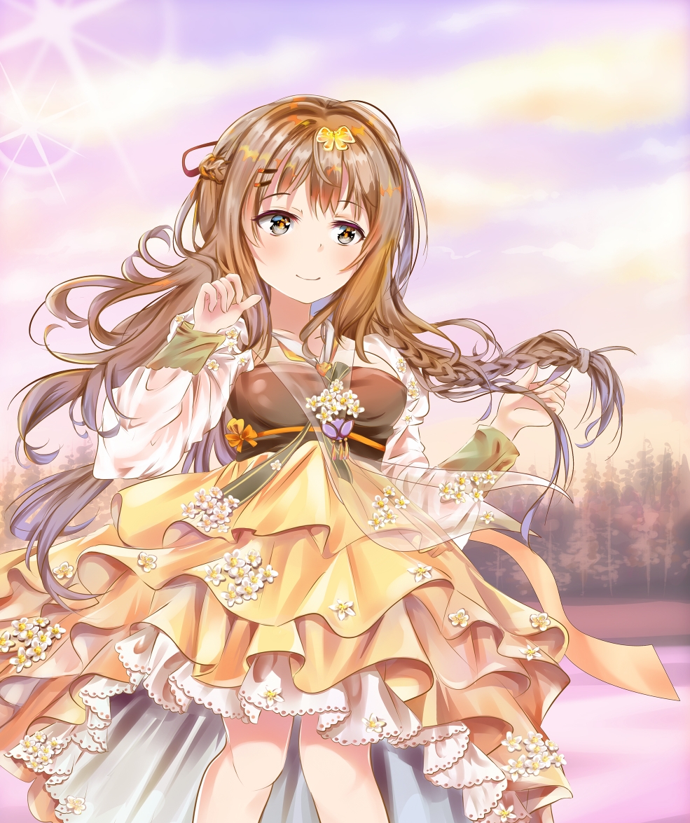 braid breasts brown_eyes brown_hair butterfly_hair_ornament closed_mouth clouds commentary girls_frontline hair_ornament hairclip hanbok hand_up k-2_(girls_frontline) korean_clothes lake layered_skirt long_hair long_sleeves medium_breasts mutang outdoors pleated_skirt see-through single_braid skirt sky smile standing sunlight sunset tree very_long_hair water yellow_skirt