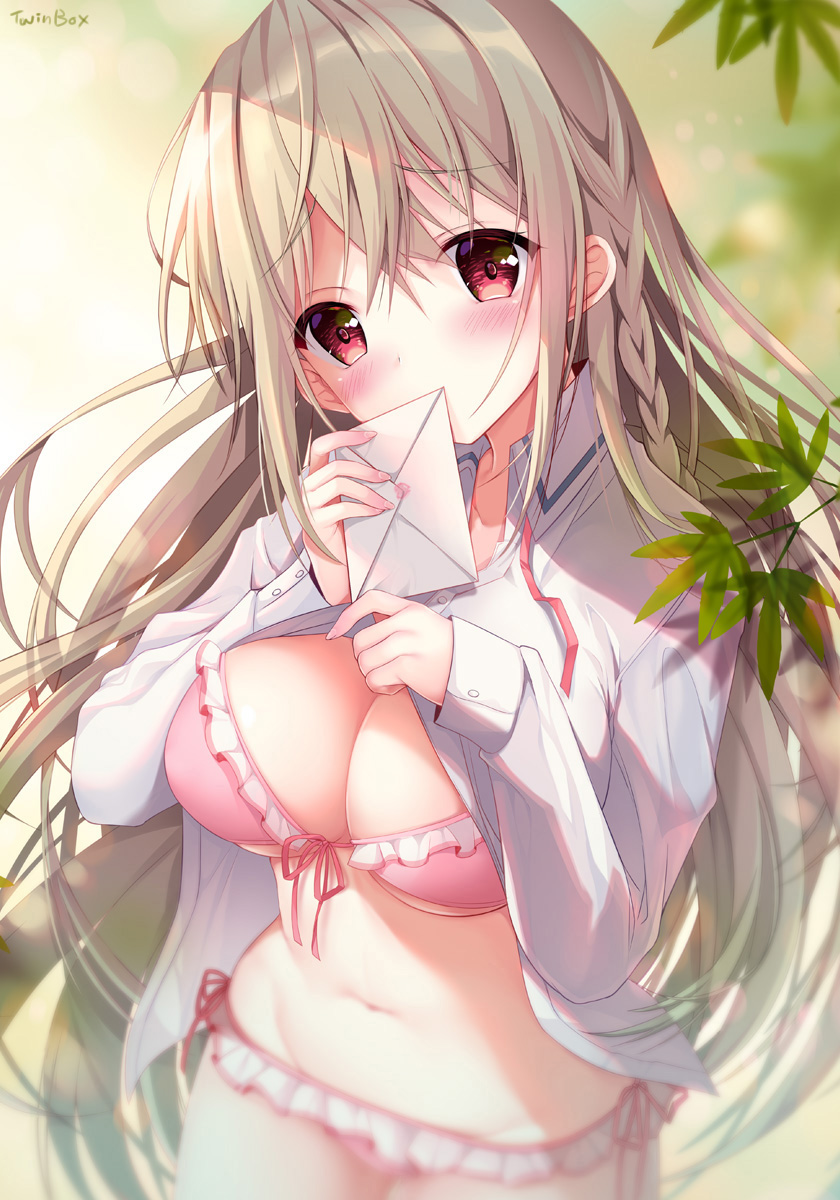 1girl bangs bikini blush breasts cleavage collared_shirt commentary_request covered_mouth dress_shirt envelope eyebrows_visible_through_hair fingernails front-tie_bikini front-tie_top hair_between_eyes hands_up head_tilt highres holding holding_envelope large_breasts light_brown_hair long_hair long_sleeves looking_at_viewer navel open_clothes open_shirt original pink_bikini red_eyes shirt sleeves_past_wrists solo sousouman swimsuit very_long_hair white_shirt