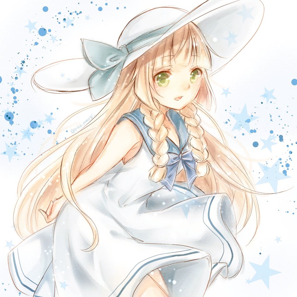 1girl alternate_costume blonde_hair blue_bow bow braid creatures_(company) dress game_freak green_eyes hat lillie_(pokemon) long_hair nintendo open_mouth pokemon pokemon_(game) pokemon_sm sailor_collar simple_background sleeveless sleeveless_dress solo star sun_hat twin_braids white_background white_dress white_hat yomogi_(black-elf)