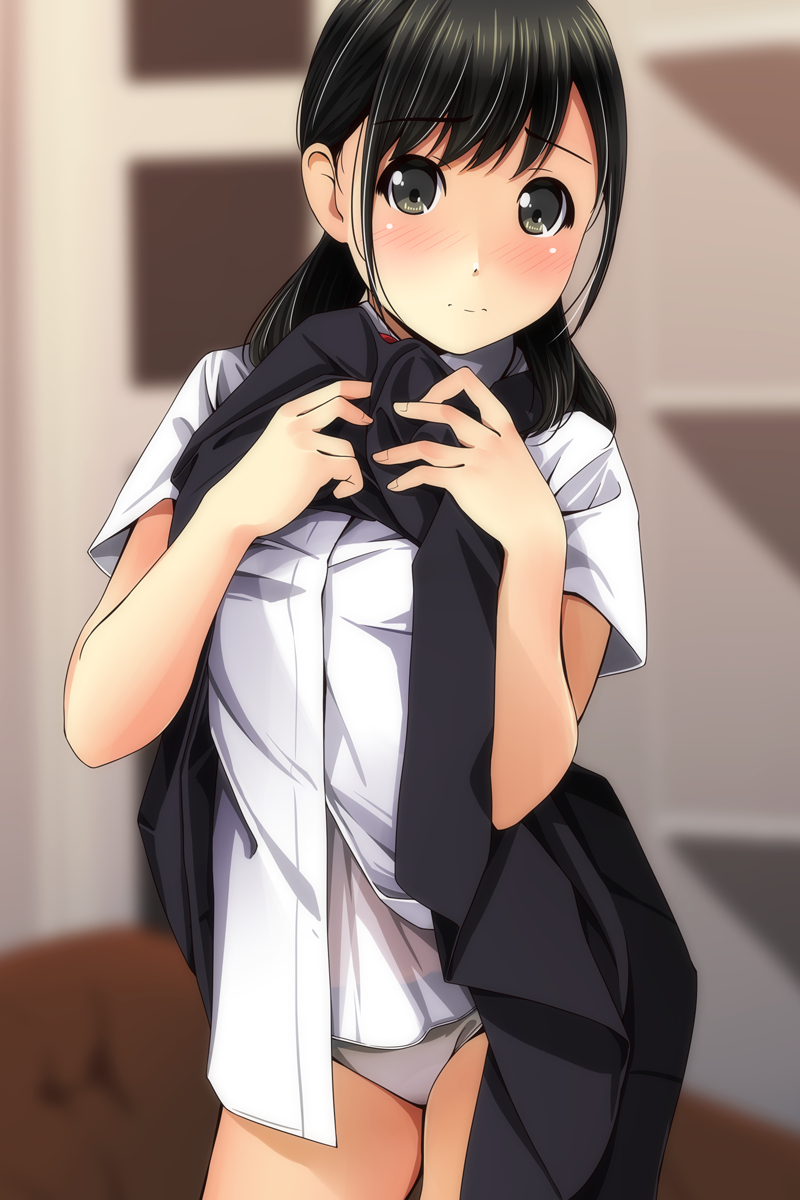 1girl bangs black_eyes black_hair black_skirt blurry blurry_background blush closed_mouth commentary_request depth_of_field eyebrows_visible_through_hair grey_panties head_tilt highres indoors lifted_by_self long_hair looking_at_viewer matsunaga_kouyou nose_blush original panties pleated_skirt see-through shirt short_sleeves skirt skirt_lift solo standing underwear white_shirt