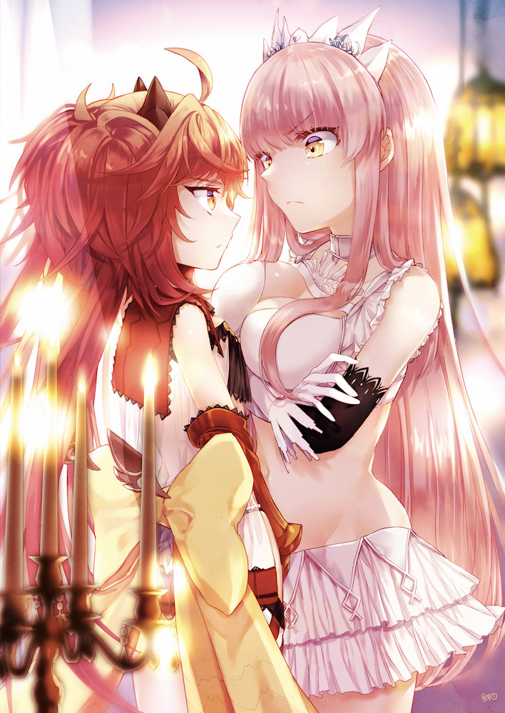 2girls back_bow bow breasts candle cleavage closed_mouth cowboy_shot crossed_arms eye_contact face-off fate/grand_order fate_(series) frown glaring gloves long_hair looking_at_another medb_(fate)_(all) medb_(fate/grand_order) medium_breasts multiple_girls pink_hair red_gloves redhead satoimo_(3311_mi) sita_(fate/grand_order) tiara twintails white_gloves yellow_bow yellow_eyes