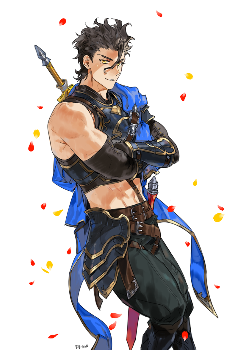 1boy artist_name belt black_hair blue_cape breastplate brown_belt cape confetti crossed_arms diarmuid_ua_duibhne_(fate/grand_order) fate/grand_order fate_(series) g0ringo gauntlets lancer_(fate/zero) looking_at_viewer male_focus midriff parted_lips sleeveless solo sword weapon yellow_eyes