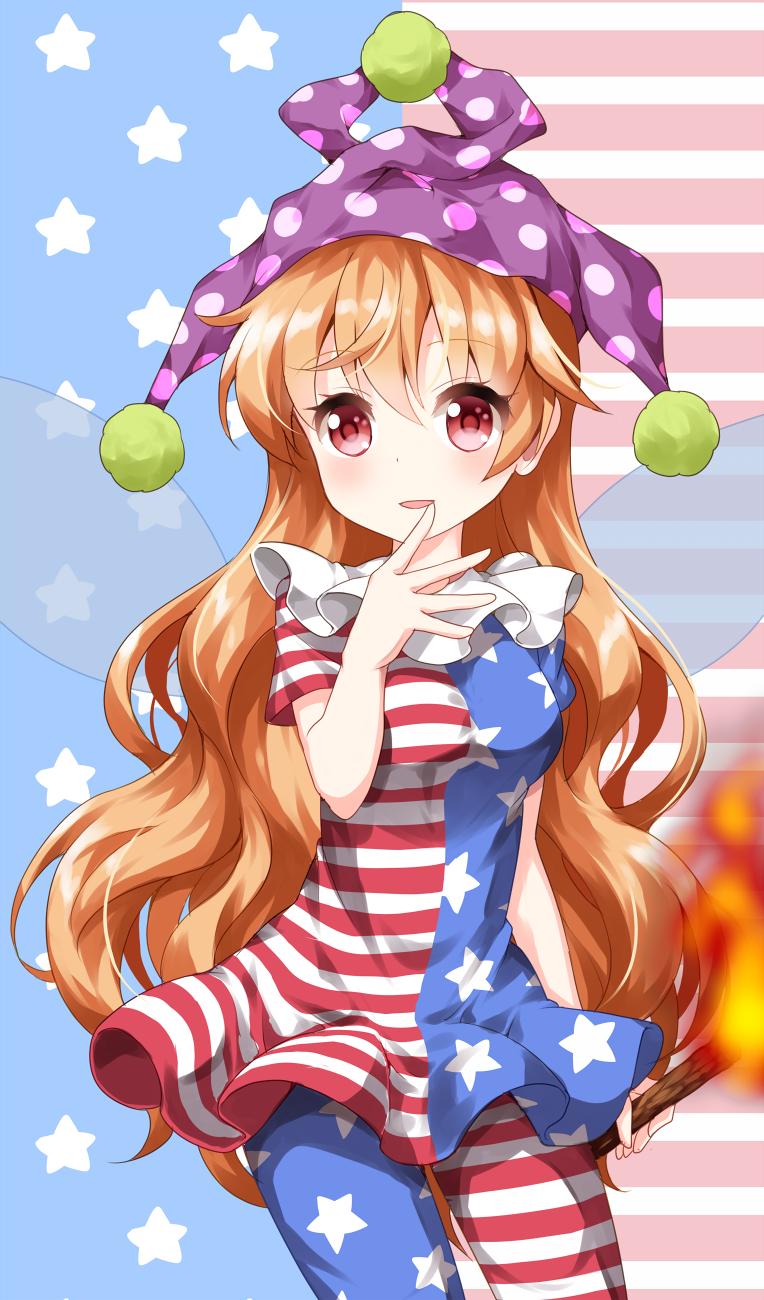 1girl american_flag_background american_flag_dress american_flag_legwear blonde_hair clownpiece fairy_wings finger_to_mouth fire frilled_shirt_collar frills hair_between_eyes hat highres jester_cap long_hair looking_at_viewer pantyhose parted_lips pom_pom_(clothes) red_eyes ruu_(tksymkw) short_sleeves smile solo torch touhou very_long_hair wavy_hair wings