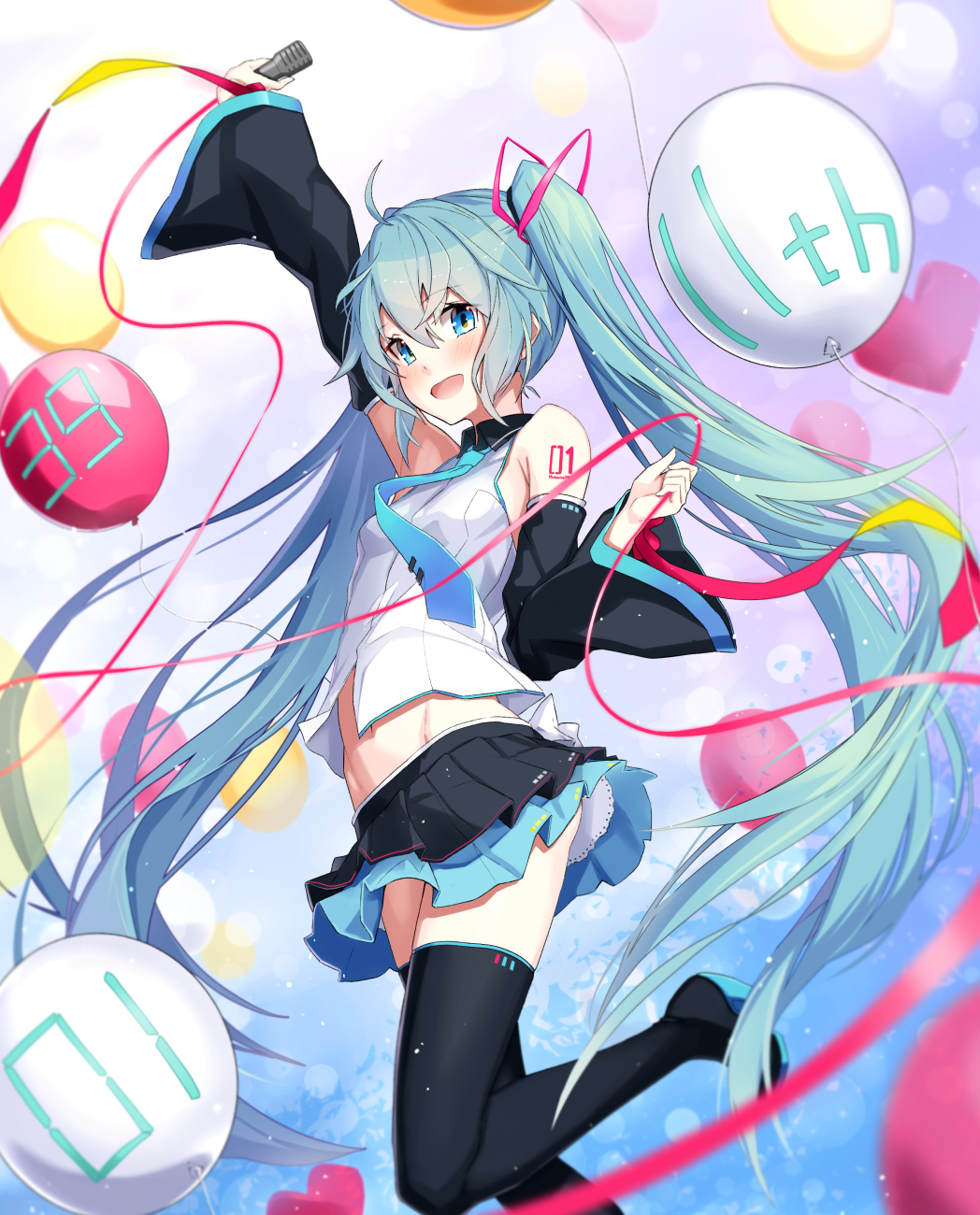 1girl 39 :d animal_ears aqua_hair arm_up balloon bangs bare_shoulders black_footwear black_skirt blue_background blue_eyes blue_neckwear blush boots breasts collared_shirt commentary_request detached_sleeves eyebrows_visible_through_hair gradient gradient_background hair_between_eyes hair_ornament happy_birthday hatsune_miku heart highres holding holding_microphone layered_skirt long_hair long_sleeves microphone navel necktie number_tattoo open_mouth ribbon shiny shiny_hair shirt shoulder_tattoo skirt small_breasts smile solo standing standing_on_one_leg takanashi_kei_(hitsujikan) tattoo thigh-highs thigh_boots twintails very_long_hair vocaloid white_shirt wide_sleeves wing_collar