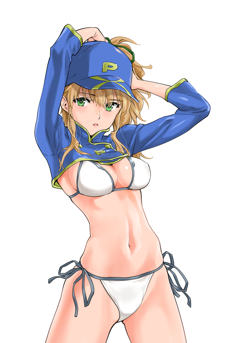 1girl arms_up bikini blonde_hair blue_hat breasts cleavage covered_nipples eyebrows_visible_through_hair fate/grand_order fate_(series) green_eyes hair_between_eyes hassystants hat high_ponytail highres long_hair looking_at_viewer medium_breasts mysterious_heroine_xx_(foreigner) navel parted_lips ponytail shiny shiny_skin side-tie_bikini simple_background solo standing swimsuit white_background white_bikini