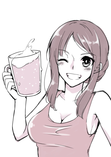 1girl asazuki_norito beer_mug breasts cleavage cup drinking_glass ears_visible_through_hair greyscale grin holding holding_cup large_breasts lowres monochrome one_eye_closed original sidelocks smile solo tank_top tied_hair upper_body