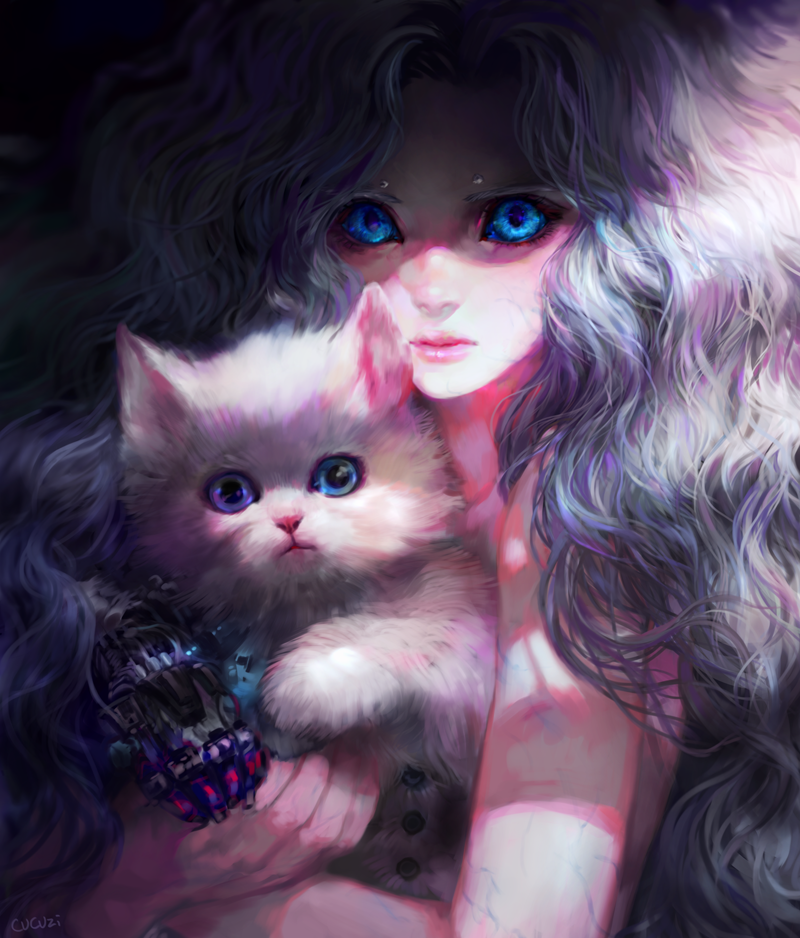 1girl animal artist_name blue_eyes cat closed_mouth commentary_request english fluffy fluffy_hair han_seung_hee holding holding_animal korean_commentary lips long_hair looking_at_viewer mechanical_leg mechanical_paw mixed-language_commentary original partial_commentary pink_lips serious shaded_face solo veins wavy_hair white_cat