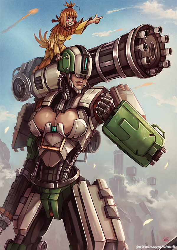 2girls android bastion_(overwatch) blue_sky blush_stickers breasts cleavage cleavage_cutout clenched_hand closed_eyes clouds fire ganymede_(overwatch) gatling_gun genderswap genderswap_(mtf) giantess grin humanization kachima large_breasts lips minigun multiple_girls overwatch personification pointing sky smile watermark web_address