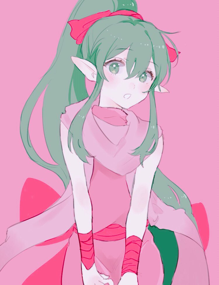 1girl chiki dress fire_emblem fire_emblem:_mystery_of_the_emblem green_eyes green_hair hair_ribbon long_hair mamkute nintendo open_mouth pink_background pink_dress pointy_ears ponytail r_6tkm red_ribbon ribbon simple_background solo