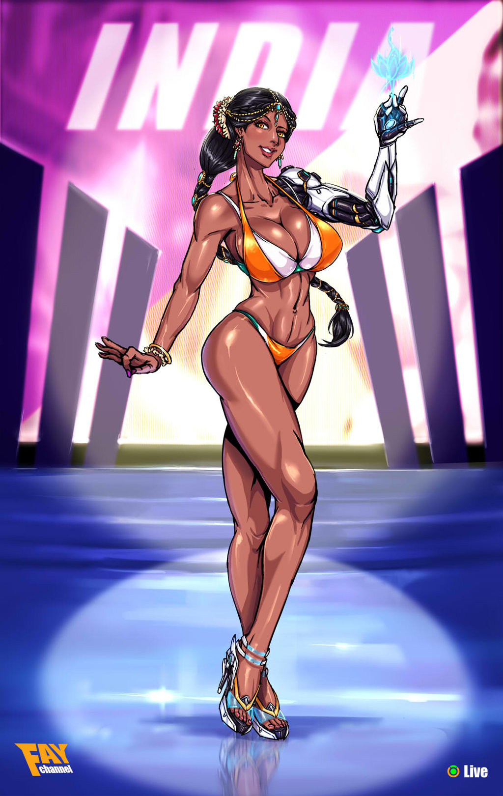 1girl artist_name bikini black_hair breasts brown_eyes cleavage commentary dark_skin earrings english_commentary faymantra forehead_jewel full_body high_heels highres jewelry large_breasts lips long_hair looking_at_viewer mechanical_arm nose overwatch ponytail pose solo standing swimsuit symmetra_(overwatch) toned