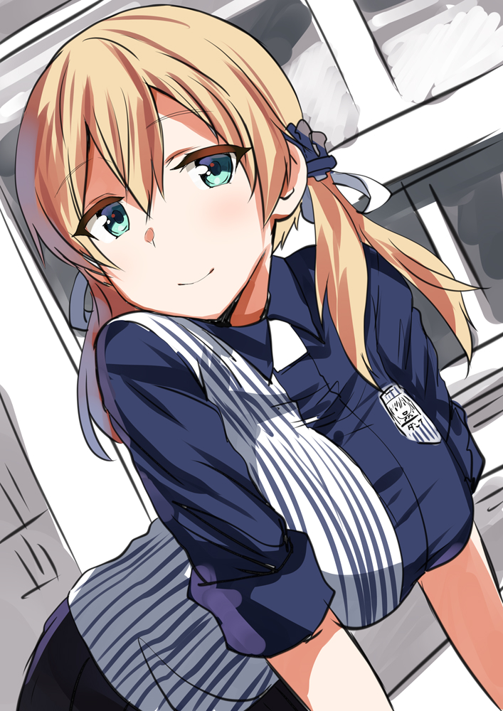 1girl alternate_costume anchor_hair_ornament aqua_eyes bangs blonde_hair blue_shirt blue_skirt blush breasts closed_mouth collared_shirt commentary_request dutch_angle employee_uniform eyebrows_visible_through_hair hair_between_eyes hair_ornament indoors kantai_collection large_breasts lawson leaning_forward lolicept long_hair looking_at_viewer pleated_skirt prinz_eugen_(kantai_collection) shirt sidelocks skirt sleeves_rolled_up smile solo striped striped_shirt twintails uniform upper_body
