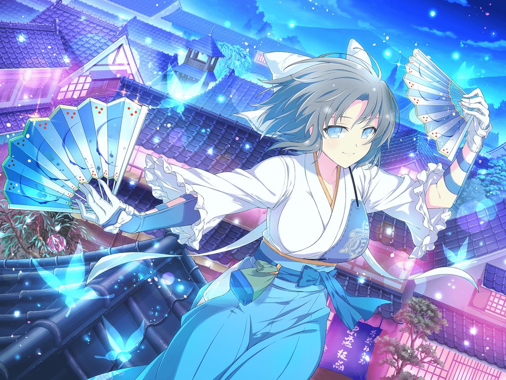 1girl architecture blue blue_eyes bow breasts bug building butterfly cowboy_shot east_asian_architecture fan gauntlets gloves grey_hair hair_bow holding holding_fan insect japanese_clothes kimono large_breasts looking_at_viewer night night_sky official_art outdoors senran_kagura senran_kagura_new_wave short_hair sky smile solo standing white_bow white_gloves yaegashi_nan yumi_(senran_kagura)