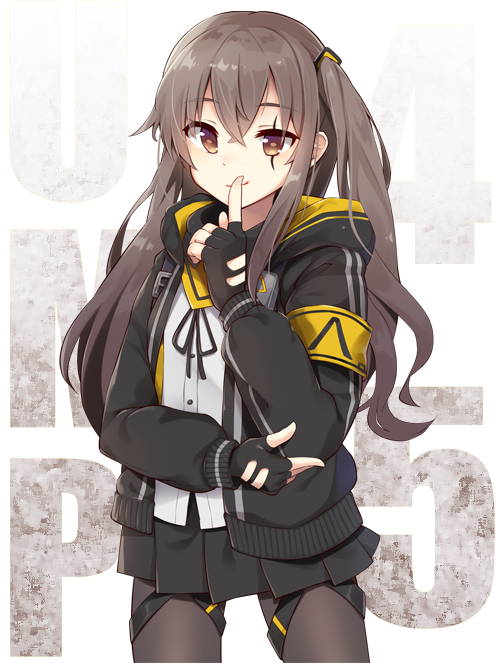 1girl armband background_text bangs black_gloves black_jacket black_ribbon black_skirt blush brown_eyes brown_hair brown_legwear character_name closed_mouth dress_shirt eyebrows_visible_through_hair fingerless_gloves girls_frontline gloves hair_between_eyes hair_ornament hood hood_down hooded_jacket index_finger_raised jacket kutata long_hair neck_ribbon one_side_up open_clothes open_jacket pantyhose pleated_skirt ribbon scar scar_across_eye shirt skirt smile solo ump45_(girls_frontline) very_long_hair white_background white_shirt