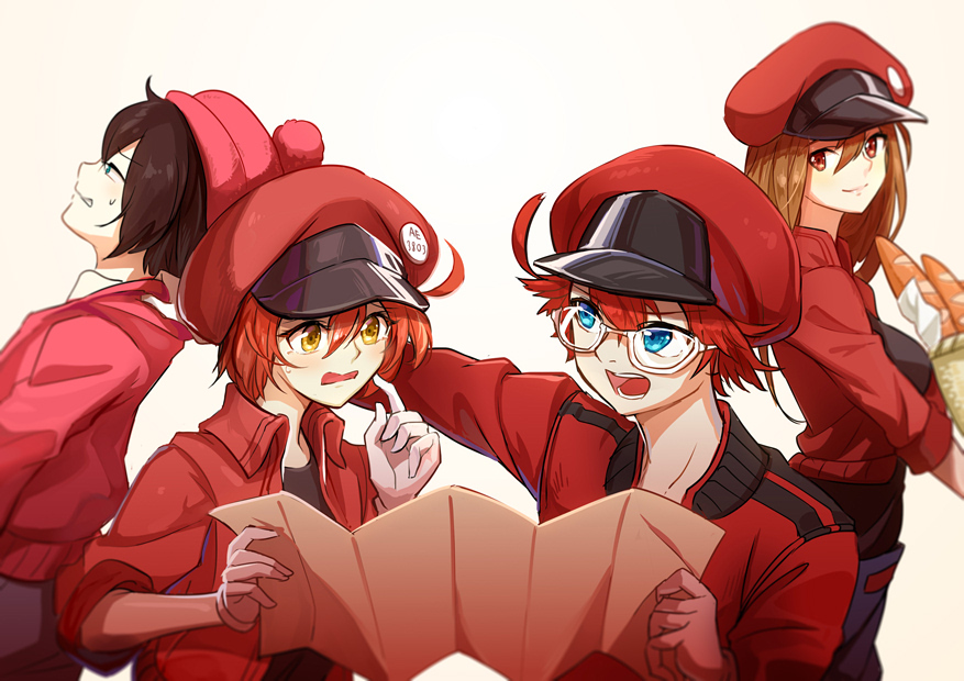 2boys 2girls 871_(hatarakanai_saibou) aa-2153 aa-5100 ae-3803 ahoge baguette basket beanie black_hair black_shirt blue_eyes bread breasts brown_hair cabbie_hat clenched_teeth collar_grab finger_to_cheek food glasses gloves hair_between_eyes hat hatarakanai_saibou hataraku_saibou hataraku_saibou_black jacket long_hair looking_at_another map medium_breasts multiple_boys multiple_girls open_mouth pom_pom_(clothes) red_blood_cell_(hataraku_saibou) red_eyes red_hat red_jacket redhead shirt short_hair short_sleeves silversirius simple_background smile spiky_hair sweatdrop t-shirt teeth wavy_mouth white_background white_gloves yellow_eyes