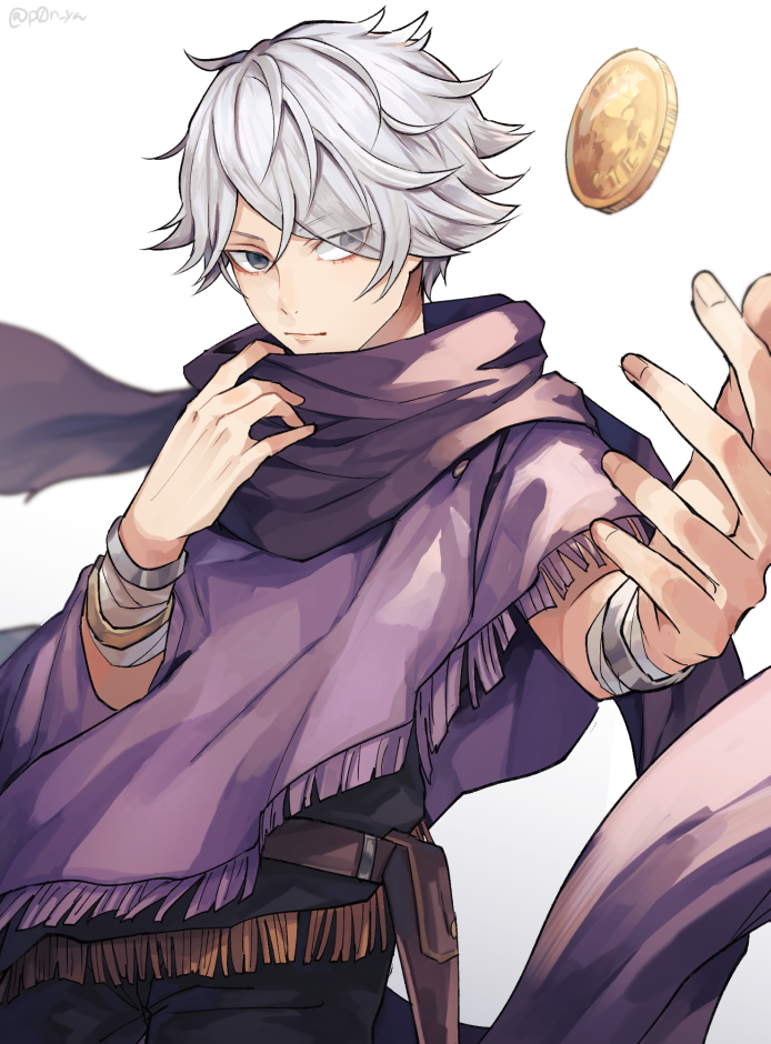 1boy bandage cape coin commentary_request gloves gold hair_over_one_eye looking_at_viewer male_focus octopath_traveler p0n_ya scarf short_hair simple_background solo solo_focus therion_(octopath_traveler) white_hair