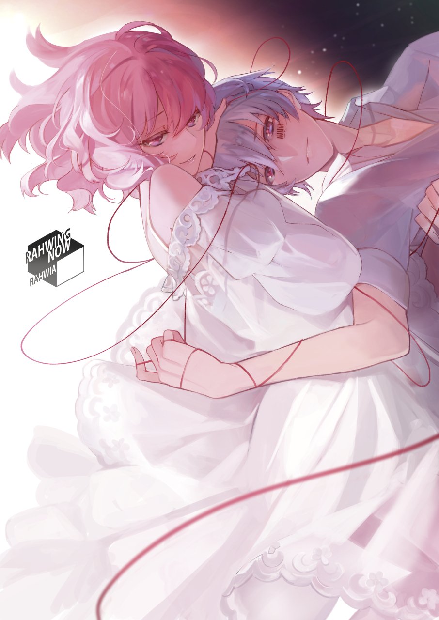 1boy 1girl artist_name barcode_tattoo dress highres logo looking_at_another looking_at_viewer lying mafumafu niconico nqrse on_back petting pink_hair rahwia red_string short_sleeves string tattoo white_hair