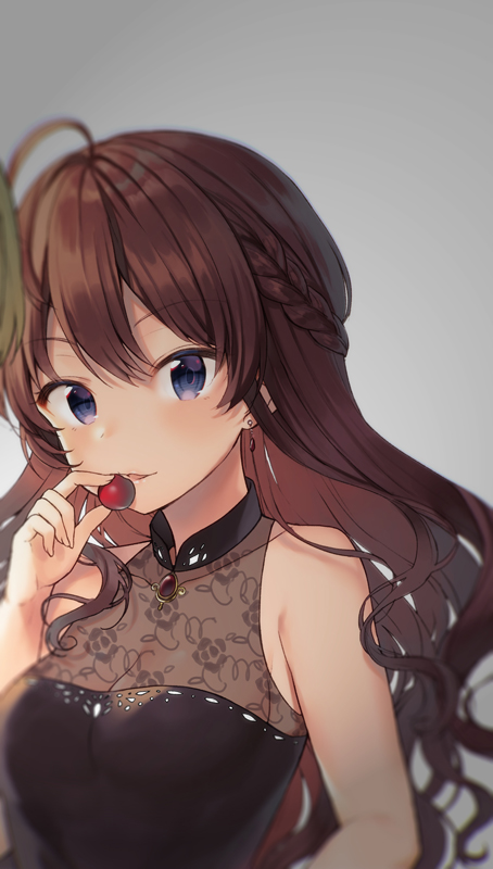1girl ahoge arm bangs bare_arms bare_shoulders black_dress blush braid breasts brooch brown_dress brown_hair commentary_request dress earrings eyebrows_visible_through_hair female fingernails french_braid grey_background hair_between_eyes hand_up highres holding ichinose_shiki idolmaster idolmaster_cinderella_girls jewelry long_hair looking_at_viewer medium_breasts midorikawa_you neck open_mouth see-through simple_background sleeveless sleeveless_dress smile solo upper_body v-shaped_eyebrows very_long_hair violet_eyes wavy_hair
