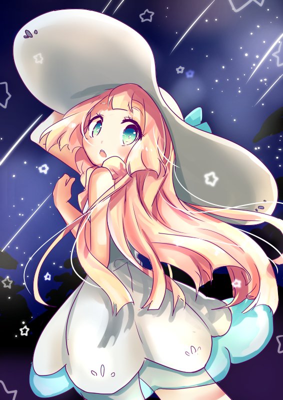 blonde_hair creatures_(company) dress game_freak hat life_neko72 lillie_(pokemon) night night_sky nintendo open_mouth pokemon pokemon_(game) pokemon_sm sky star_(sky) starry_sky white_dress white_hat