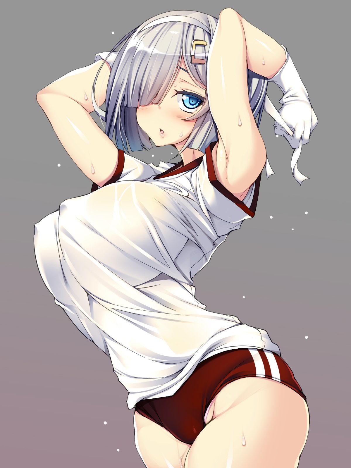 1girl blue_eyes blush breasts buruma cowboy_shot gloves gym_uniform hair_ornament hair_over_one_eye hairclip hamakaze_(kantai_collection) headband highres jacket kantai_collection large_breasts looking_at_viewer open_mouth red_buruma shirt short_hair short_sleeves silver_hair solo thighs torisan track_jacket white_gloves white_shirt