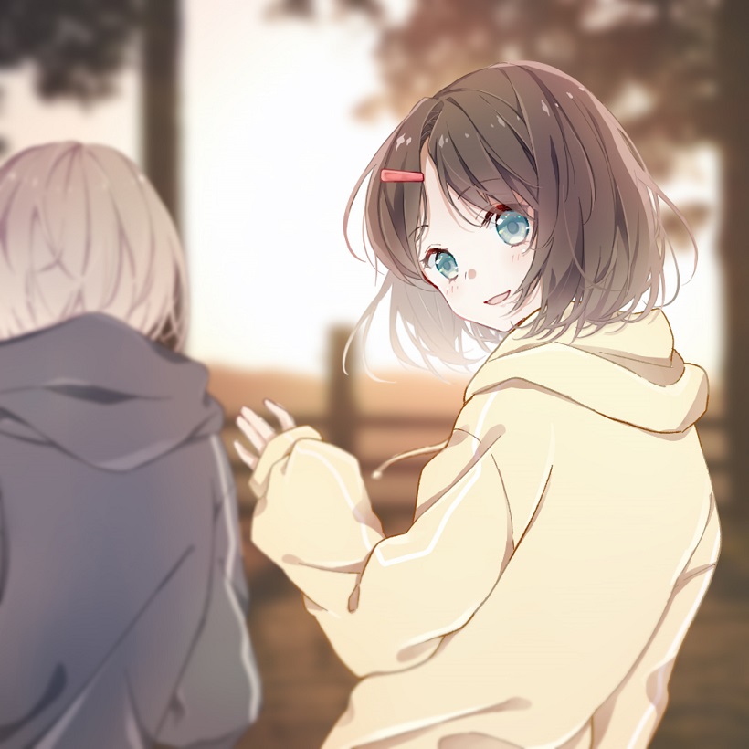 2girls :d aoba_moka bang_dream! beige_jacket black_hair black_jacket blue_eyes blurry blurry_background commentary_request drawstring eyebrows_visible_through_hair grey_hair hair_ornament hairclip hand_up hood hood_down hooded_jacket jacket long_sleeves looking_at_viewer looking_back multiple_girls nekojarashi_(r-grey) okusawa_misaki open_mouth outdoors short_hair sleeves_past_wrists smile