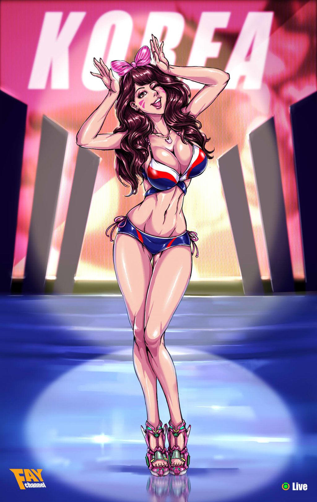 1girl artist_name bikini bow breasts brown_hair cleavage commentary d.va_(overwatch) english_commentary facepaint facial_mark faymantra full_body hair_bow hands_up high_heels highres jewelry large_breasts lips long_hair looking_at_viewer necklace nose one_eye_closed overwatch solo standing stomach swimsuit toned whisker_markings
