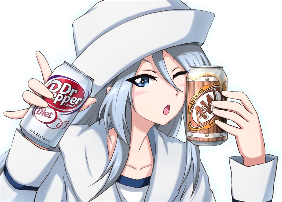 1girl ;o \n/ a&amp;w bangs blouse blue_eyes can commentary dixie_cup_hat dr_pepper english eyebrows_visible_through_hair flint_(girls_und_panzer) girls_und_panzer hat holding logo long_hair long_sleeves looking_at_viewer military_hat omachi_(slabco) one_eye_closed ooarai_naval_school_uniform portrait sailor sailor_collar school_uniform silver_hair simple_background soda_can solo white_background white_blouse white_hat