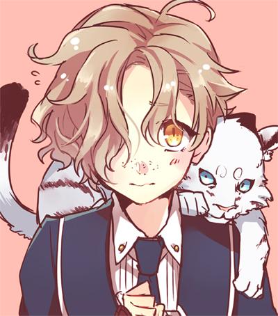 1boy animal blue_eyes blue_neckwear blush brown_hair closed_mouth flying_sweatdrops freckles gokotai hair_over_one_eye hat looking_at_viewer lowres male_focus military_hat necktie pink_background satou_iruno solo tiger tiger_cub touken_ranbu uniform upper_body white_tiger