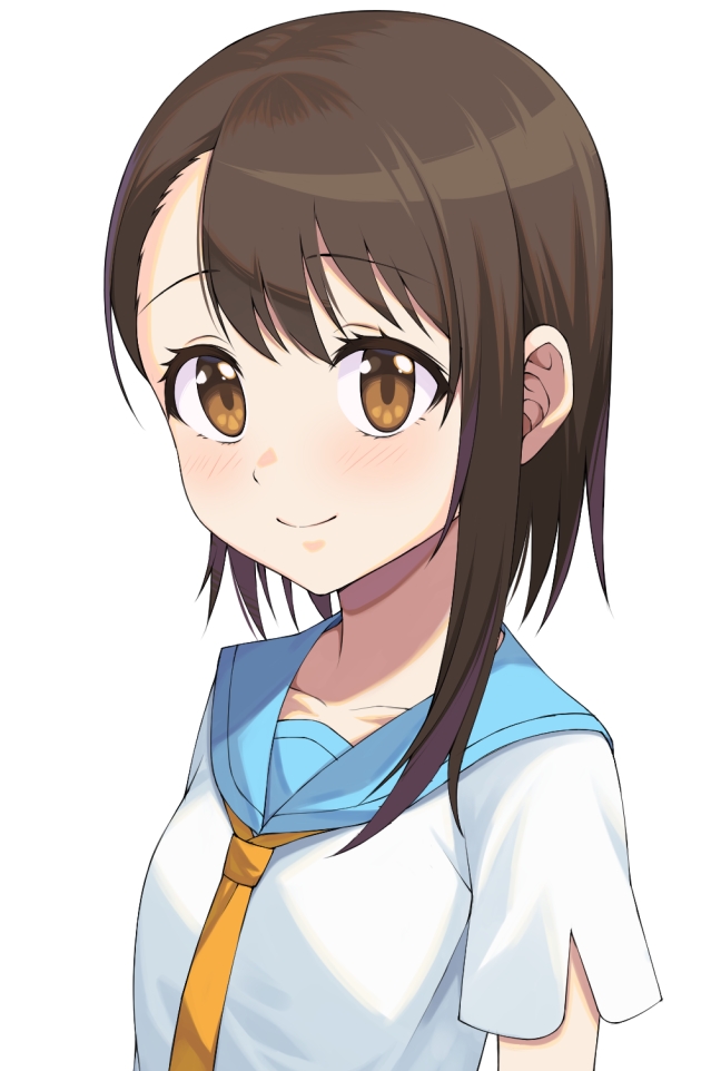 1girl asymmetrical_bangs asymmetrical_hair atsuyah0310 bangs blue_sailor_collar brown_eyes brown_hair closed_mouth collarbone eyebrows_visible_through_hair hair_between_eyes necktie nisekoi onodera_kosaki sailor_collar sailor_shirt school_uniform shiny shiny_hair shirt short_hair_with_long_locks short_sleeves sidelocks simple_background smile solo upper_body white_background white_shirt yellow_neckwear