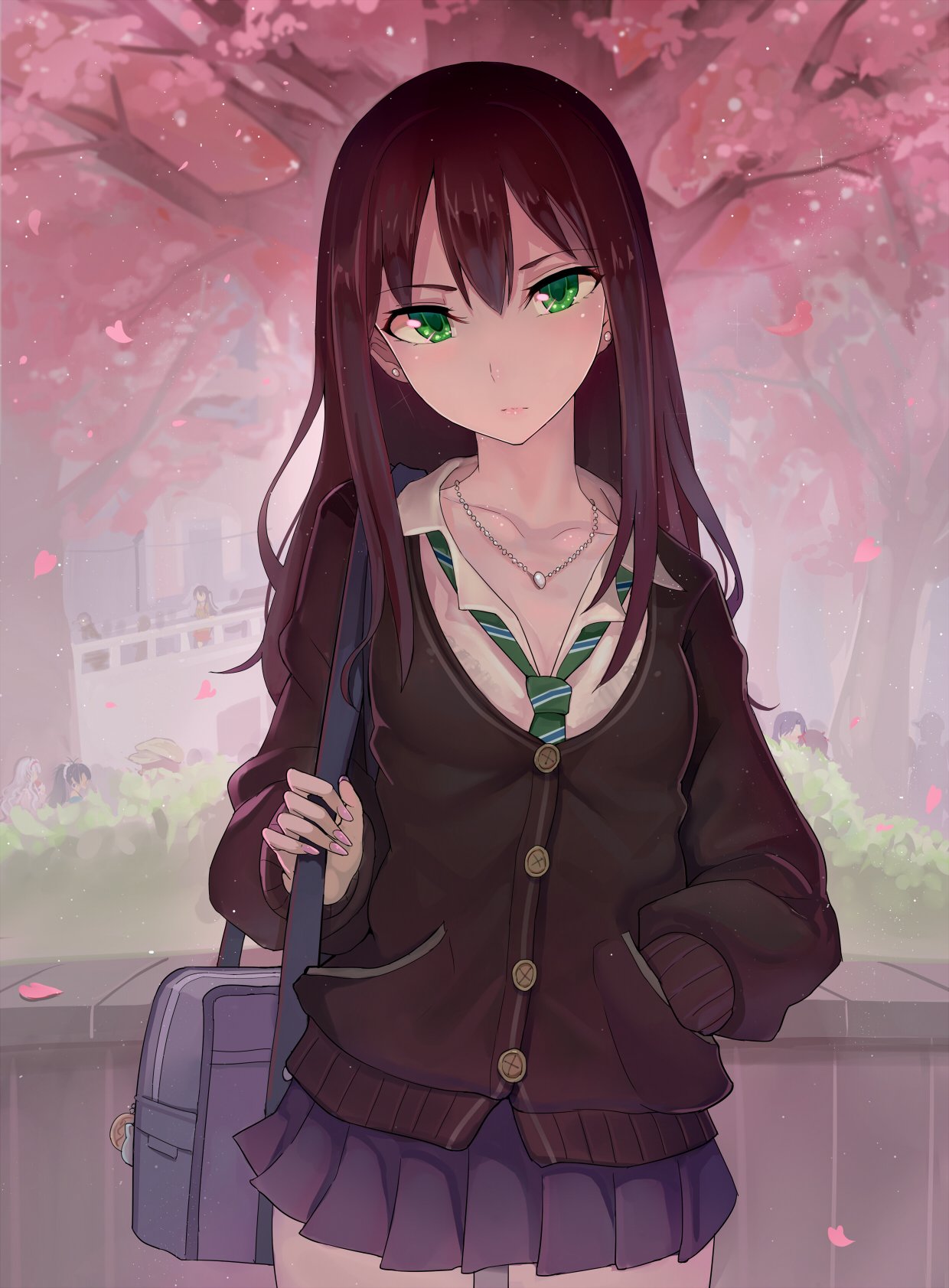 1girl amami_haruka bag black_hair cardigan cherry_blossoms commentary commentary_request earrings ganaha_hibiki green_eyes hand_in_pocket head_tilt highres idolmaster idolmaster_(classic) idolmaster_cinderella_girls jewelry kisaragi_chihaya long_hair long_sleeves looking_at_viewer loose_necktie necklace necktie pendant petals pleated_skirt school_uniform shibuya_rin shijou_takane shimamura_uzuki shirt shoulder_bag skirt solo_focus tree walzrj when_you_see_it