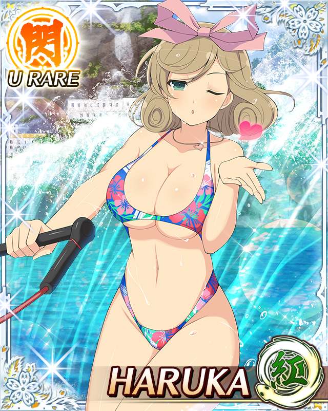 1girl ;d bikini blonde_hair bow breasts card_(medium) cowboy_shot day green_eyes hair_bow hair_ornament hair_ribbon haruka_(senran_kagura) heart jewelry large_breasts looking_at_viewer navel necklace one_eye_closed open_mouth outdoors pink_ribbon ribbon senran_kagura senran_kagura_new_wave short_hair smile solo swimsuit water wet yaegashi_nan