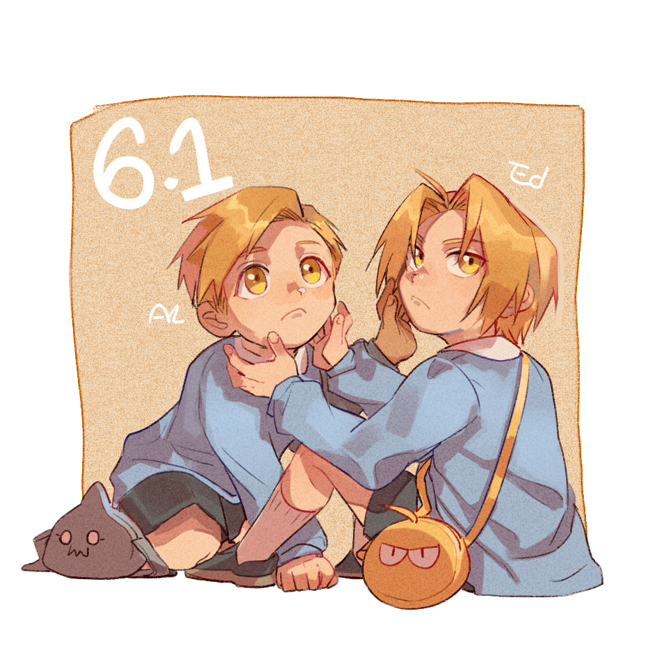 2boys alphonse_elric antenna_hair bag blonde_hair blue_shirt brothers character_name edward_elric esu_(825098897) expressionless fingernails full_body fullmetal_alchemist hands_on_another's_face long_sleeves looking_back looking_up male_focus multiple_boys number orange_background shaded_face shirt short_hair shorts siblings simple_background sitting socks white_background yellow_eyes younger