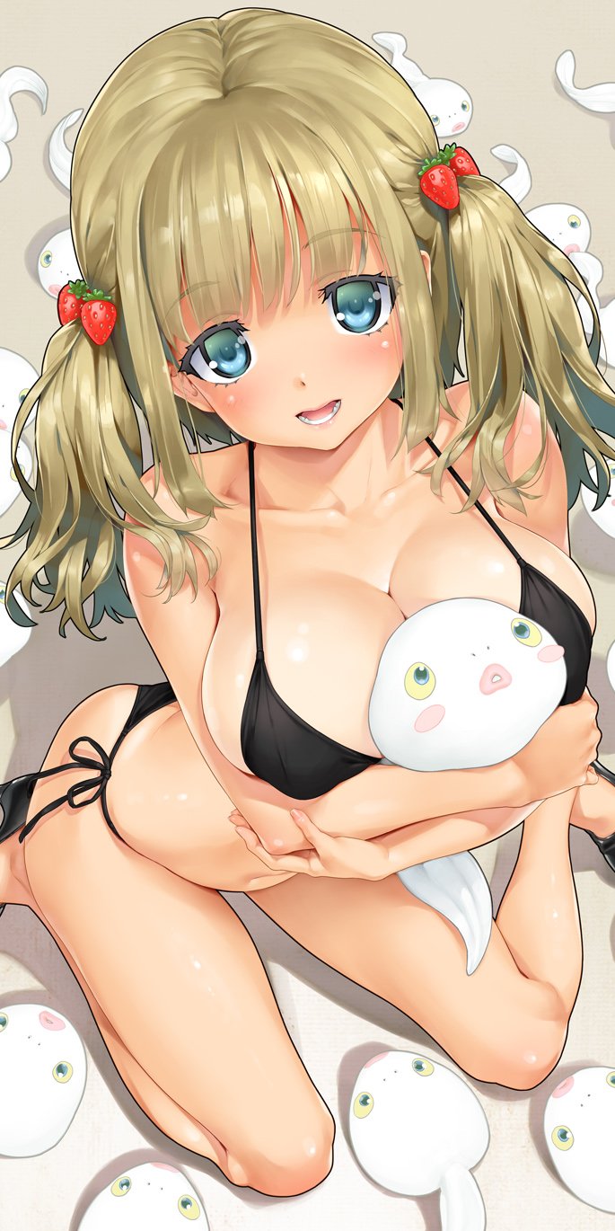 1girl bikini black_bikini blonde_hair blue_eyes breasts cleavage commentary_request crossed_arms food_themed_hair_ornament hair_ornament happoubi_jin highres large_breasts open_mouth original sitting strawberry_hair_ornament swimsuit tadpole twintails wariza