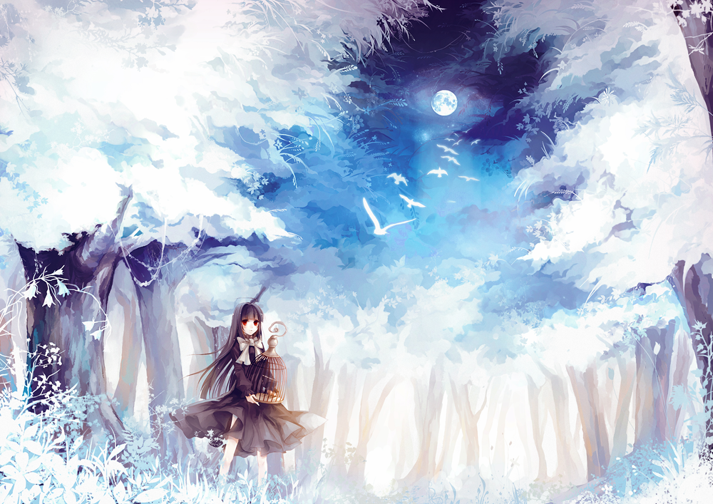 1girl ahoge bangs bird birdcage black_hair blunt_bangs bow cage forest full_moon moon nature night original red_eyes revision scenery sinsora skirt solo