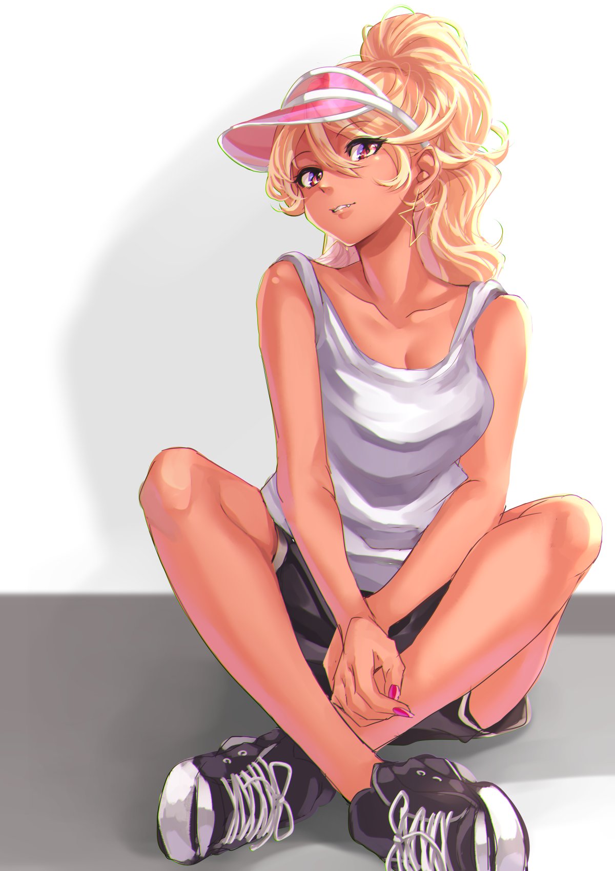 1girl alternate_hairstyle amaryllis blonde_hair breasts cleavage collarbone dark_skin fang fang_out highres looking_at_viewer no_socks ouga_saki parted_lips ponytail red_eyes shoes shorts sneakers solo tank_top tdnd-96 virtual_youtuber visor_cap white_tank_top