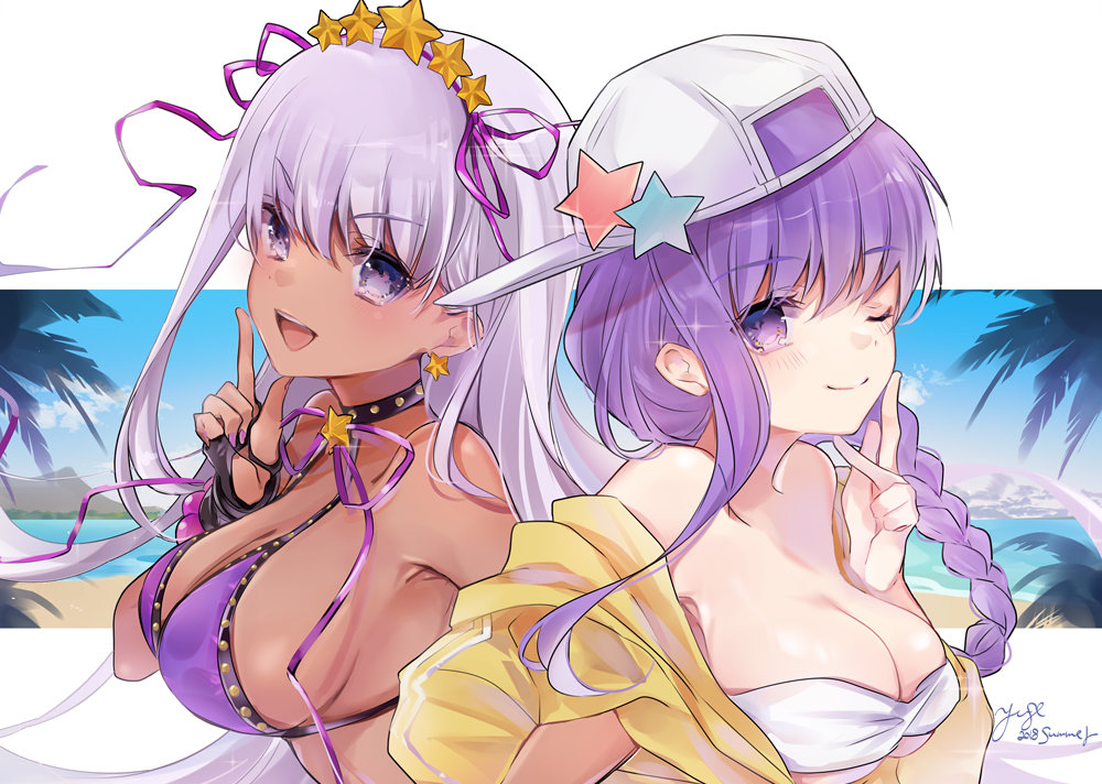 2018 2girls :d ;) bangs bare_shoulders bb_(fate)_(all) bb_(swimsuit_mooncancer)_(fate) beach bikini black_gloves blue_sky blush braid breasts cleavage closed_mouth clouds commentary_request dark_skin day dual_persona eyebrows_visible_through_hair fate/grand_order fate_(series) fingerless_gloves fingernails gloves hair_between_eyes hair_ornament hair_ribbon hand_up hat hat_ornament jacket large_breasts long_hair multiple_girls nail_polish off_shoulder one_eye_closed open_mouth purple_bikini purple_hair purple_nails purple_ribbon ribbon sand sideways_hat signature single_braid sky smile star star_hair_ornament swimsuit very_long_hair violet_eyes water white_bikini white_hat yellow_jacket yuge_(mkmk)