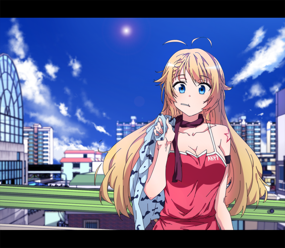 1girl ahoge ak47_(girls_frontline) alternate_costume blonde_hair blue_eyes blue_sky character_name cigarette cityscape clouds girls_frontline looking_at_viewer scarf shirt_on_shoulders sidarim sky solo sun