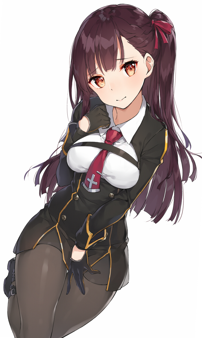 1girl bangs black_dress black_footwear black_gloves blush bow breasts brown_eyes brown_hair brown_legwear closed_mouth collared_shirt commentary cross dress dutch_angle eyebrows_visible_through_hair girls_frontline gloves hair_bow hand_up long_hair long_sleeves medium_breasts one_side_up panties pleated_dress red_bow red_neckwear rikoma shirt shoes simple_background solo underwear very_long_hair wa2000_(girls_frontline) white_background white_shirt