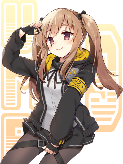 1girl arm_up armband background_text black_gloves black_jacket black_ribbon black_skirt blush breasts brown_eyes brown_legwear character_name closed_mouth fingerless_gloves girls_frontline gloves head_tilt hood hood_down hooded_jacket jacket kutata light_brown_hair long_hair long_sleeves looking_at_viewer miniskirt neck_ribbon open_clothes open_jacket pantyhose pleated_skirt puffy_long_sleeves puffy_sleeves ribbon shirt skirt small_breasts smile solo twintails ump9_(girls_frontline) very_long_hair white_background white_shirt