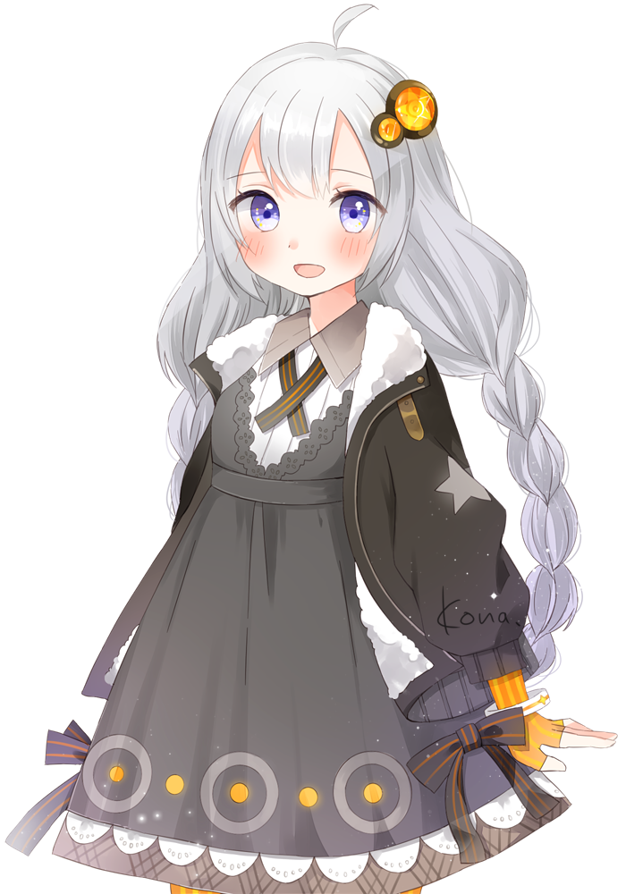 1girl :d ahoge bangs black_jacket blush braid dot_nose dress eyebrows_visible_through_hair fingerless_gloves gloves grey_dress jacket katakuriko_(katakuriko1025) kizuna_akari long_sleeves open_clothes open_jacket open_mouth orange_gloves orange_legwear silver_hair smile solo star striped striped_gloves striped_legwear twin_braids vertical-striped_gloves vertical-striped_legwear vertical_stripes violet_eyes vocaloid voiceroid