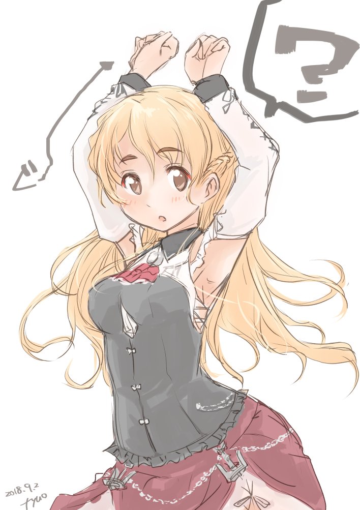1girl 2018 ? armpits arms_up artist_name blonde_hair blush braid breasts brown_eyes corset cowboy_shot dated french_braid fyuo kantai_collection long_hair looking_at_viewer medium_breasts miniskirt open_mouth red_skirt shirt simple_background skirt solo speech_bubble thick_eyebrows wavy_hair white_background white_shirt zara_(kantai_collection)